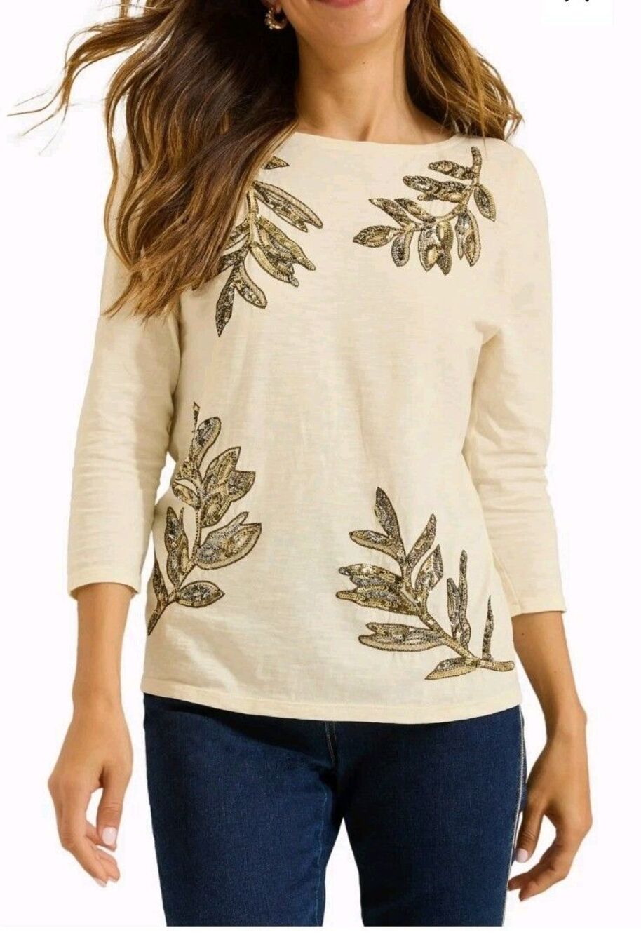 Tommy Bahama 3/4 Sleeve Luxe Top S Sequin Leaf Ivory Organic Cotton Resortwear